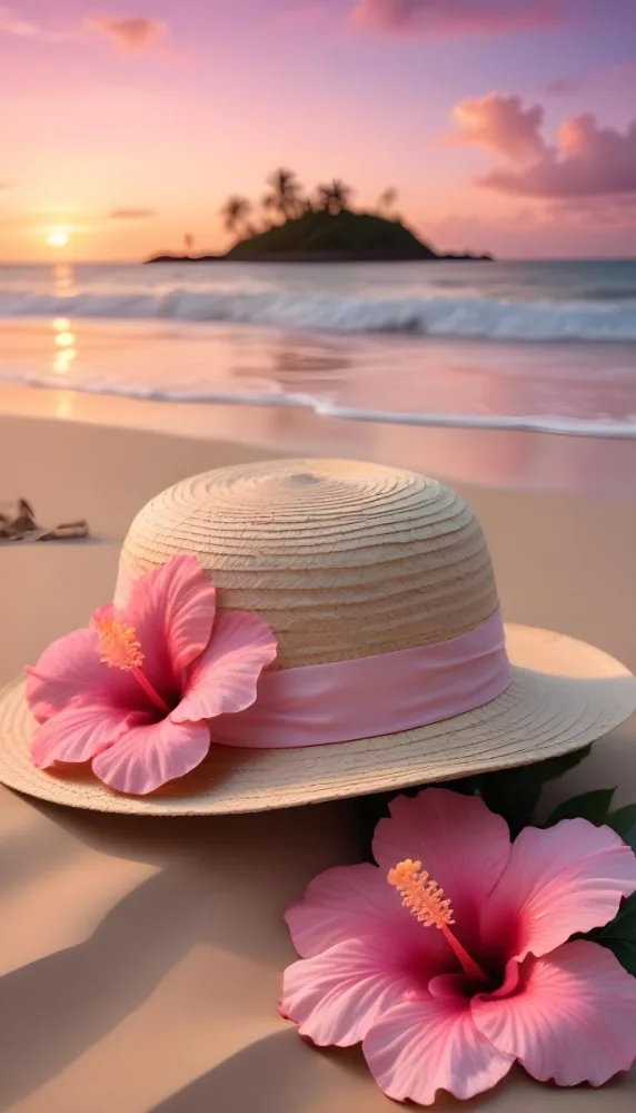 A Straw Sun Hat With A Pink Ribbon And A Large Pink Hibiscus Flower On The Side Placed On A Sandy Beach In The Background Gentle Waves Lap At The Shore Under A Colorful Sunset Sky With Hues Of Pink A Second Pink Hibi 70 C3b0
