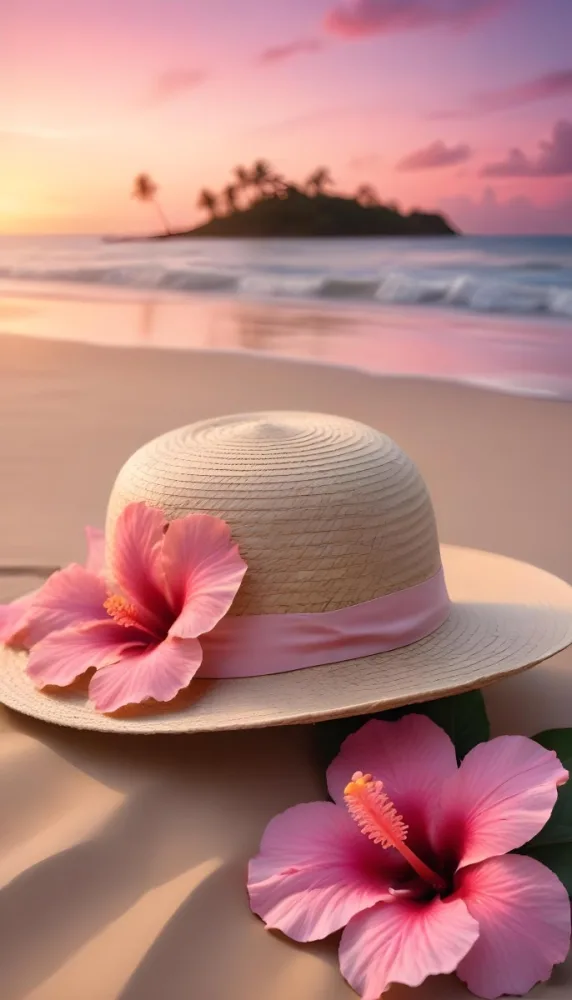 A Straw Sun Hat With A Pink Ribbon And A Large Pink Hibiscus Flower On The Side Placed On A Sandy Beach In The Background Gentle Waves Lap At The Shore Under A Colorful Sunset Sky With Hues Of Pink A Second Pink Hibi 72 063e
