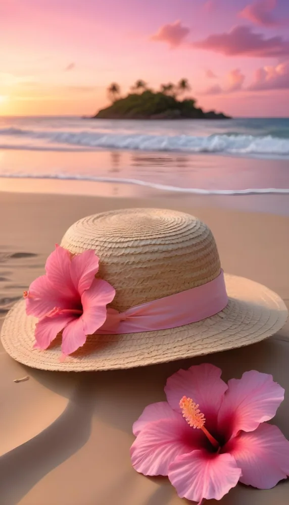 A Straw Sun Hat With A Pink Ribbon And A Large Pink Hibiscus Flower On The Side Placed On A Sandy Beach In The Background Gentle Waves Lap At The Shore Under A Colorful Sunset Sky With Hues Of Pink A Second Pink Hibi 74 B5bd