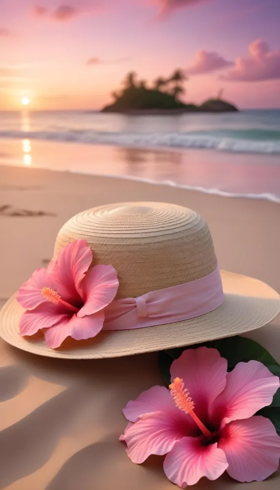 A Straw Sun Hat With A Pink Ribbon And A Large Pink Hibiscus Flower On The Side Placed On A Sandy Beach In The Background Gentle Waves Lap At The Shore Under A Colorful Sunset Sky With Hues Of Pink A Second Pink Hibi 78 F195