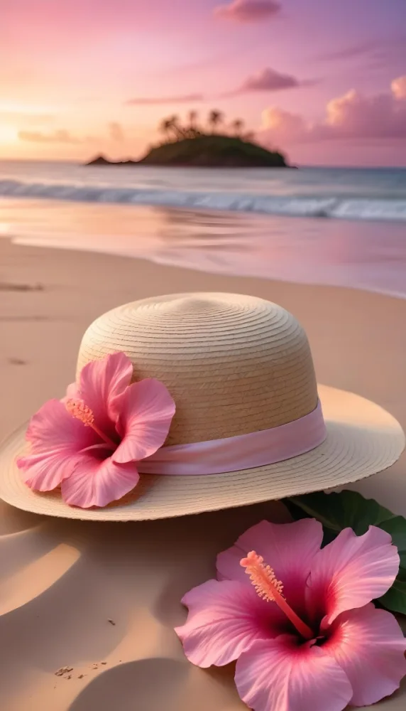 A Straw Sun Hat With A Pink Ribbon And A Large Pink Hibiscus Flower On The Side Placed On A Sandy Beach In The Background Gentle Waves Lap At The Shore Under A Colorful Sunset Sky With Hues Of Pink A Second Pink Hibi 79 C24d
