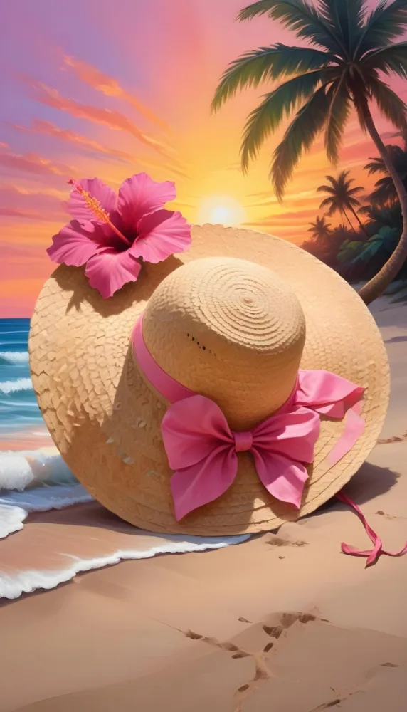 A Straw Sun Hat With A Pink Ribbon And A Large Pink Hibiscus Flower On The Side Placed On A Sandy Beach In The Background Gentle Waves Lap At The Shore Under A Colorful Sunset Sky With Hues Of Pink A Second Pink Hibi 8 9e01