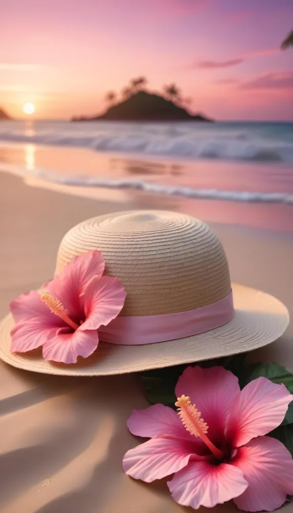 A Straw Sun Hat With A Pink Ribbon And A Large Pink Hibiscus Flower On The Side Placed On A Sandy Beach In The Background Gentle Waves Lap At The Shore Under A Colorful Sunset Sky With Hues Of Pink A Second Pink Hibi 80 50ff