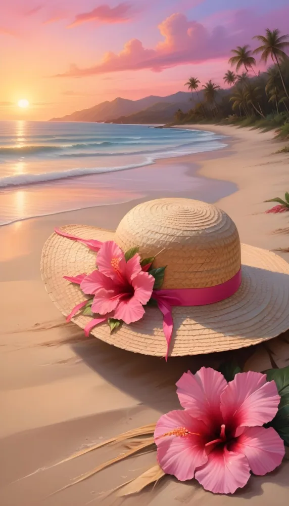A Straw Sun Hat With A Pink Ribbon And A Large Pink Hibiscus Flower On The Side Placed On A Sandy Beach In The Background Gentle Waves Lap At The Shore Under A Colorful Sunset Sky With Hues Of Pink A Second Pink Hibi 9 D83b