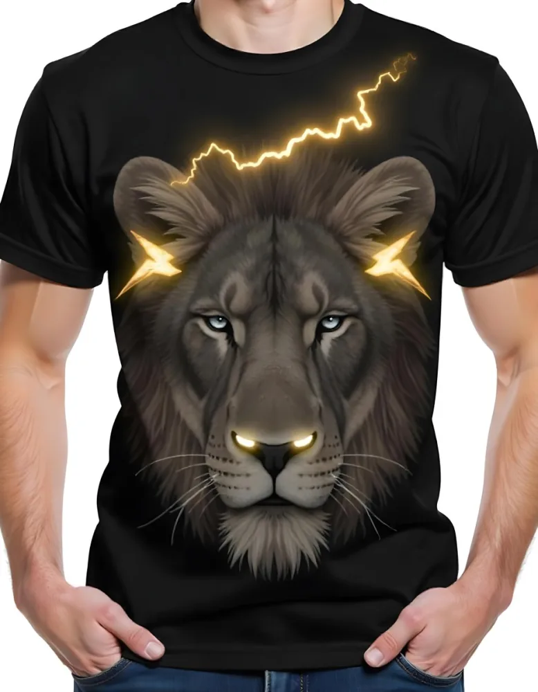 A T Shirt With A White Lion Head With White Eyes And White Lightning Bolts Coming Out Of Its Head White Background 13 6c2b
