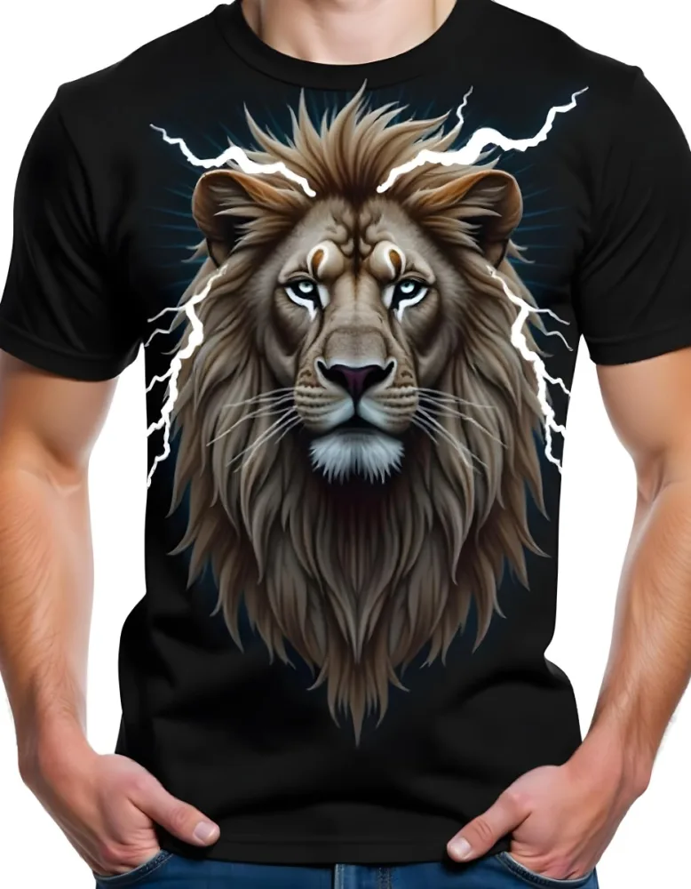A T Shirt With A White Lion Head With White Eyes And White Lightning Bolts Coming Out Of Its Head White Background 15 E769
