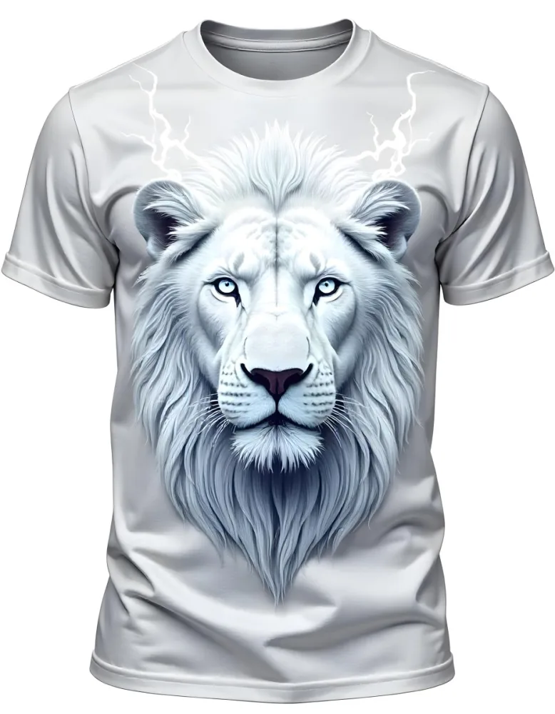 A T Shirt With A White Lion Head With White Eyes And White Lightning Bolts Coming Out Of Its Head White Background 33 D5b5