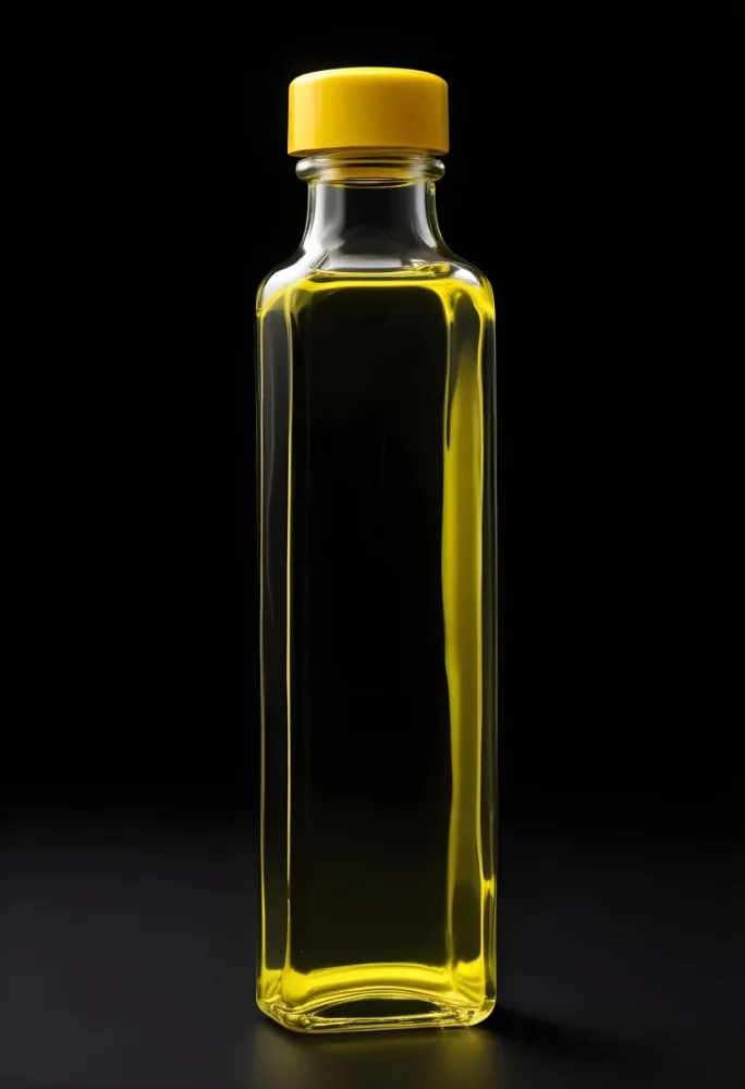 A Tall Rectangular Bottle With A Yellow Cap Filled With Yellow Liquid In A Black Background 16 Bacb