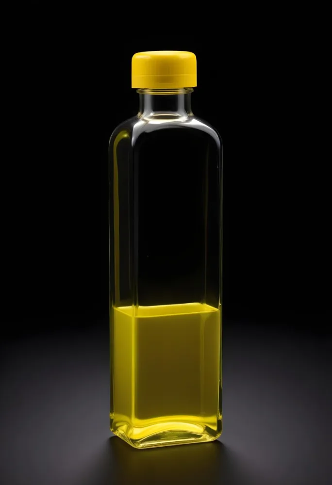 A Tall Rectangular Bottle With A Yellow Cap Filled With Yellow Liquid In A Black Background 20 8aea
