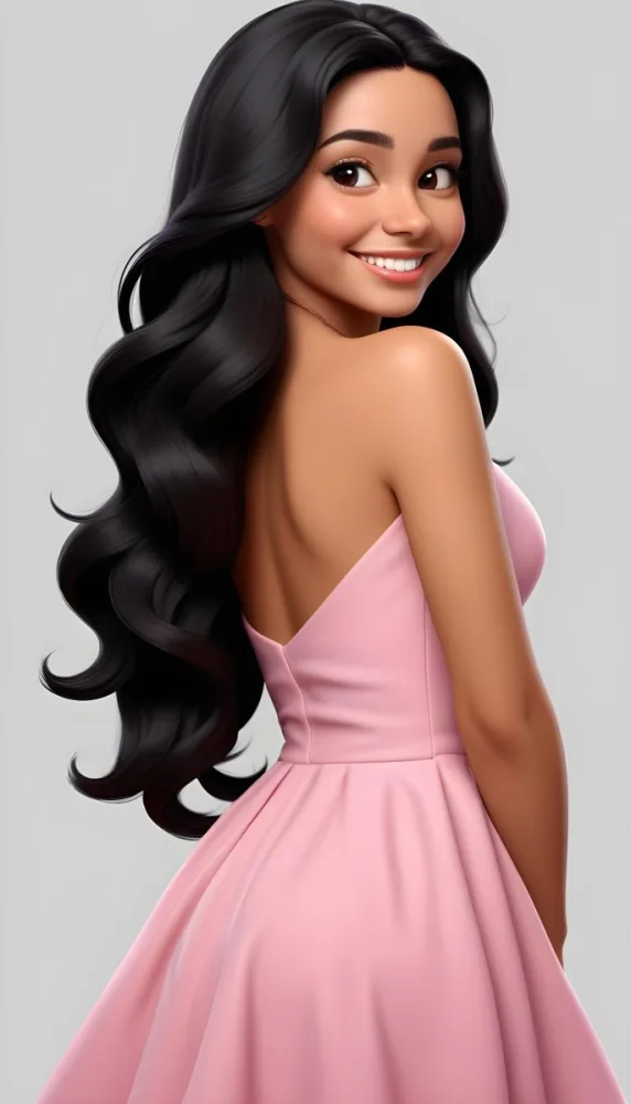 A Tan Skin Hispanic Woman 23 Years Old With Long Wavy Black Hair Wearing A Pink Dress Smiling In A Black Background 10 F301