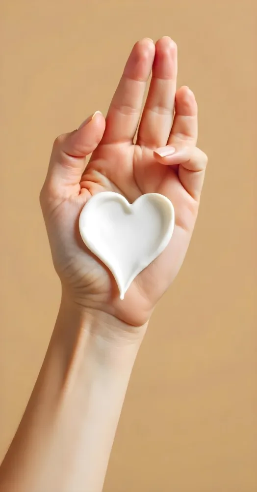 A Tan Skin Woman Hand With A Heart Shape Made Of White Cream On The Palm Plain Brown Background 15 Ec2c