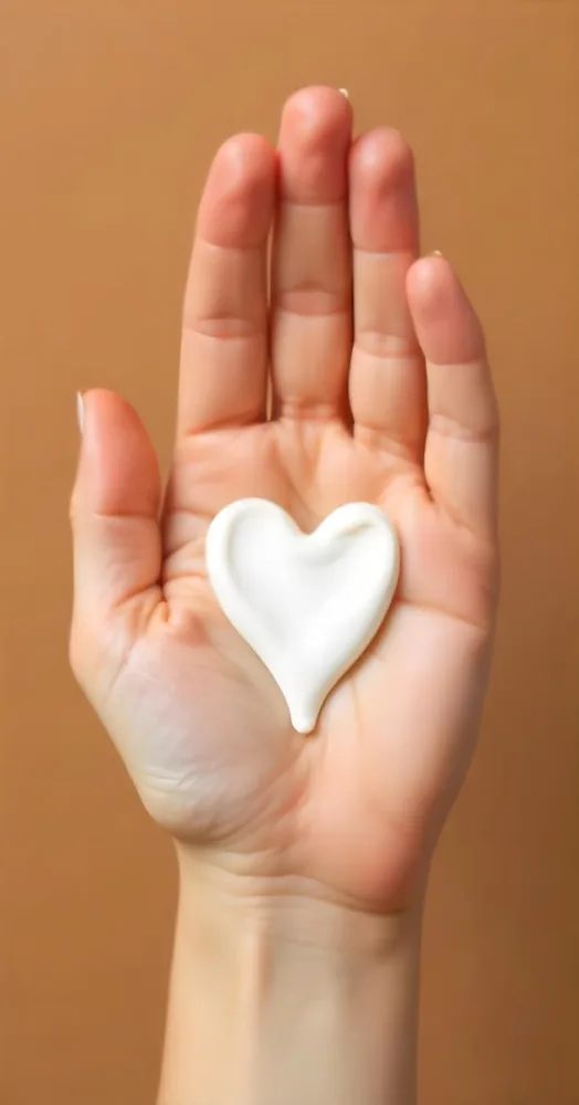 A Tan Skin Woman Hand With A Heart Shape Made Of White Cream On The Palm Plain Brown Background 28 F18a