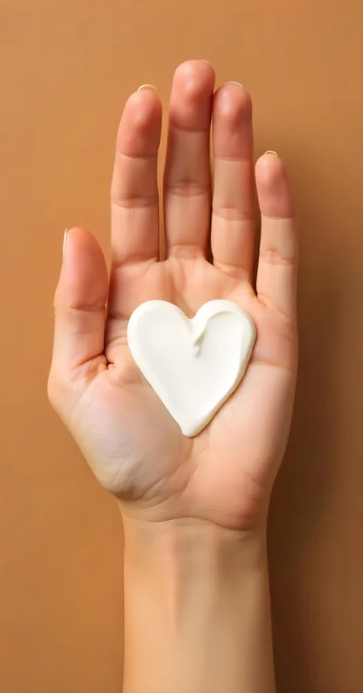 A Tan Skin Woman Hand With A Heart Shape Made Of White Cream On The Palm Plain Brown Background 6 91f8