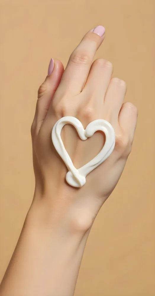 A Tan Skin Woman Hand With A Heart Shape Made Of White Cream On The Palm Plain Brown Background 9 E2c2