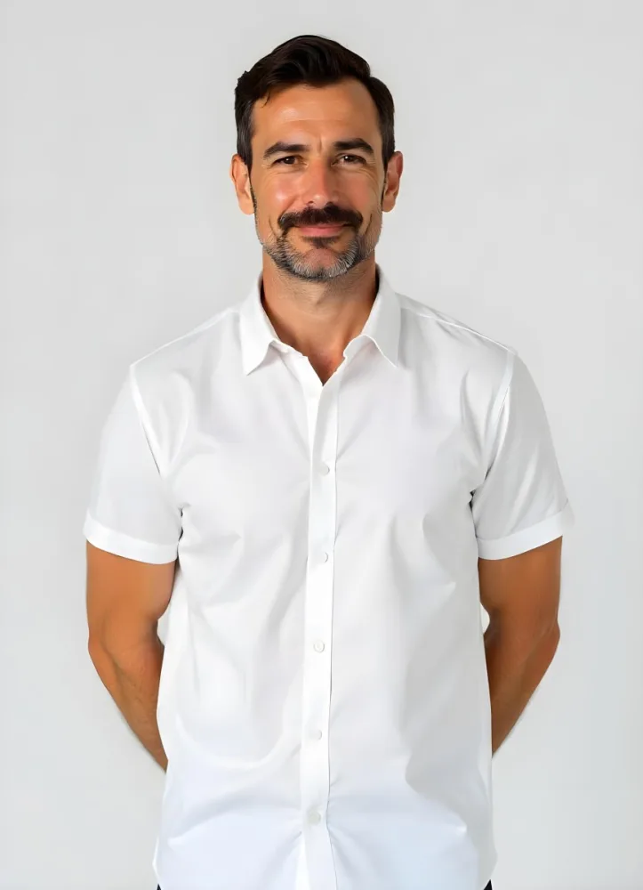 A Tanned Skin Man 40 Years Old With A White Short Sleeve Shirt In A White Background 46 Fc58