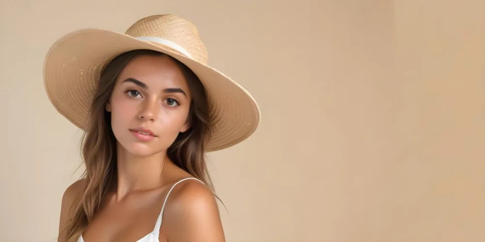A Tanned White Woman 25 Years Old With A Straw Hat And White Dress In A White Background 12 7f7f