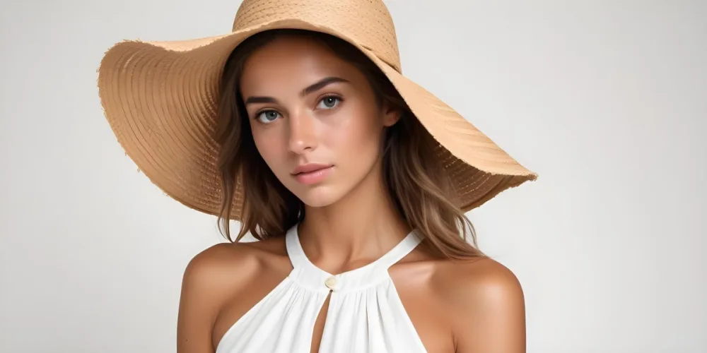 A Tanned White Woman 25 Years Old With A Straw Hat And White Dress In A White Background 13 392d