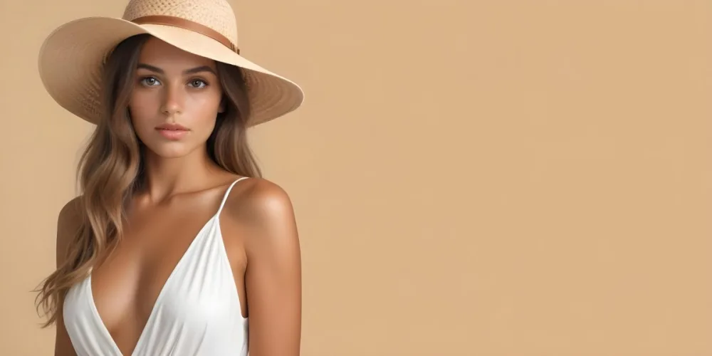 A Tanned White Woman 25 Years Old With A Straw Hat And White Dress In A White Background 2 48c4
