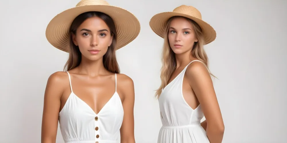 A Tanned White Woman 25 Years Old With A Straw Hat And White Dress In A White Background 4 839c