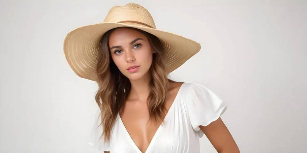 A Tanned White Woman 25 Years Old With A Straw Hat And White Dress In A White Background 5 D1d1