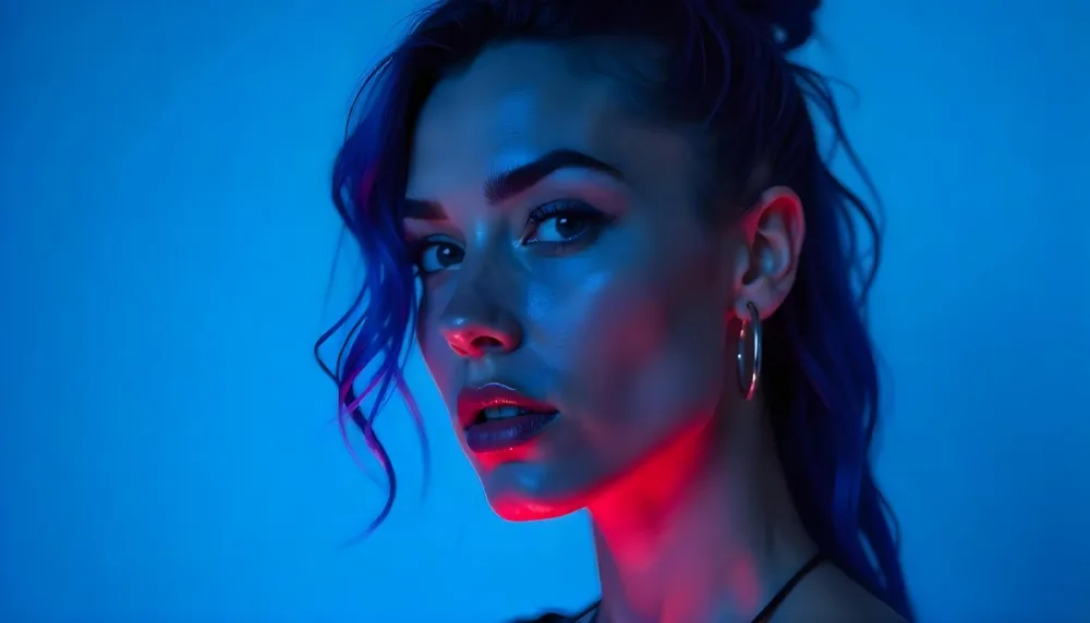 A Tanned Woman 25 Years Old With Blue Hair And Hoop Earrings Half Of Her Face Is Illuminated With Pink Light And The Other Half With Blue Light In A Blue Background 1 D4fd