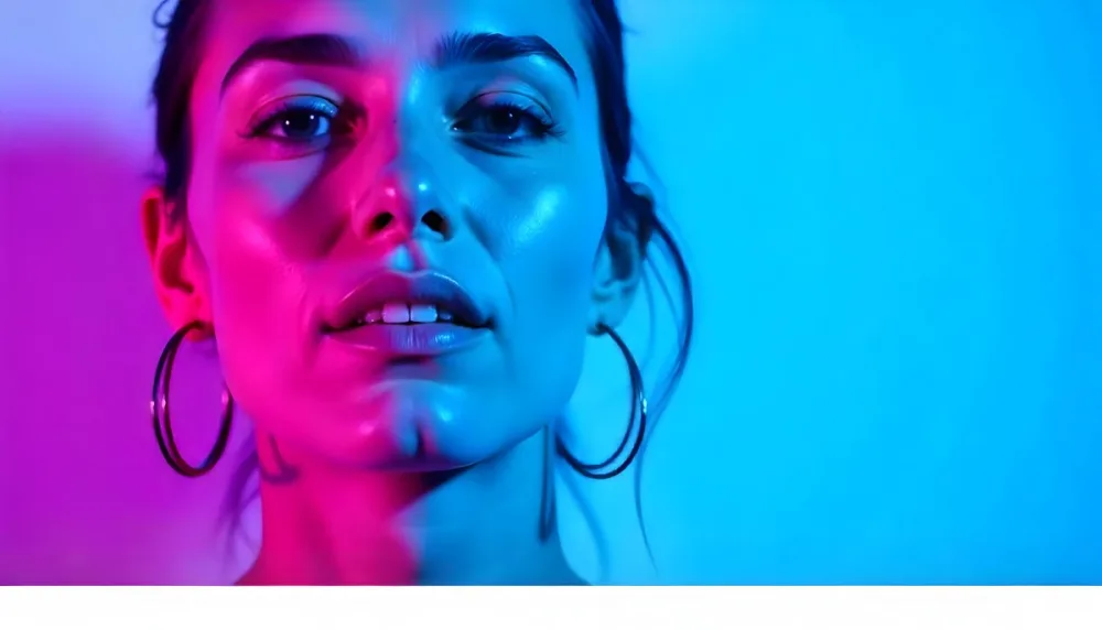A Tanned Woman 25 Years Old With Blue Hair And Hoop Earrings Half Of Her Face Is Illuminated With Pink Light And The Other Half With Blue Light In A Blue Background 14 7a1b