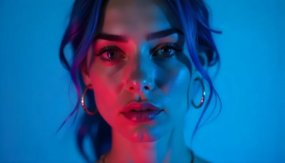 A Tanned Woman 25 Years Old With Blue Hair And Hoop Earrings Half Of Her Face Is Illuminated With Pink Light And The Other Half With Blue Light In A Blue Background 2 7626