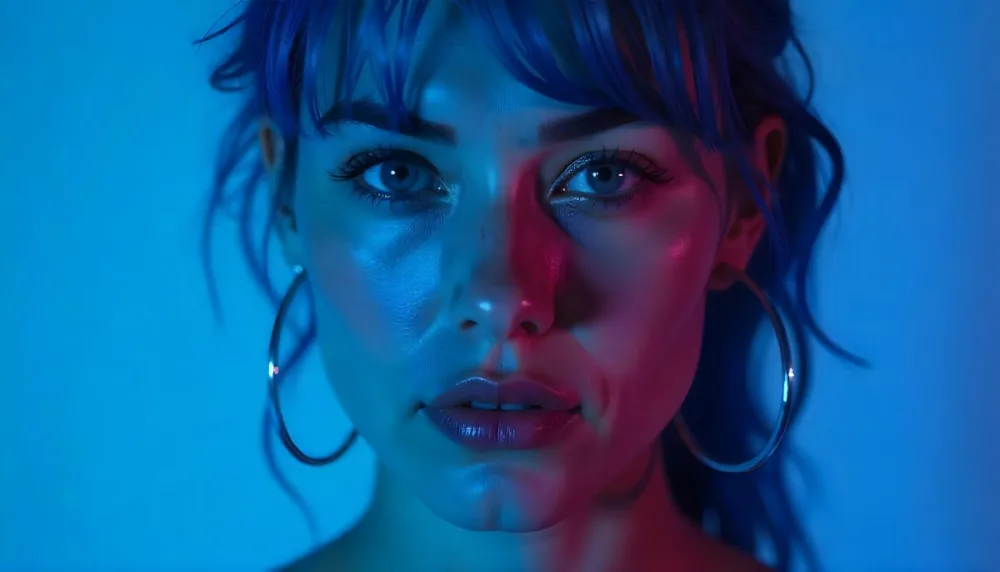 A Tanned Woman 25 Years Old With Blue Hair And Hoop Earrings Half Of Her Face Is Illuminated With Pink Light And The Other Half With Blue Light In A Blue Background 4 E675