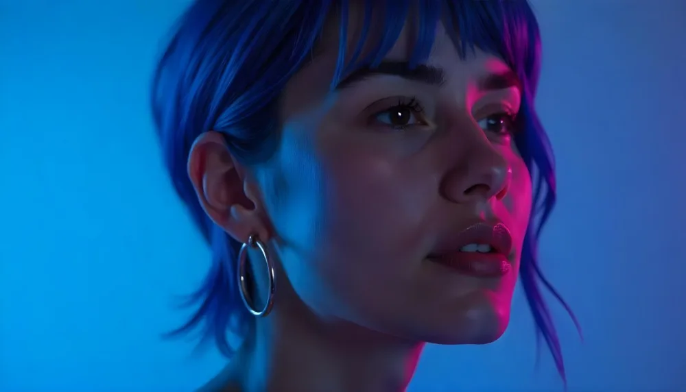 A Tanned Woman 25 Years Old With Blue Hair And Hoop Earrings Half Of Her Face Is Illuminated With Pink Light And The Other Half With Blue Light In A Blue Background 6 015a