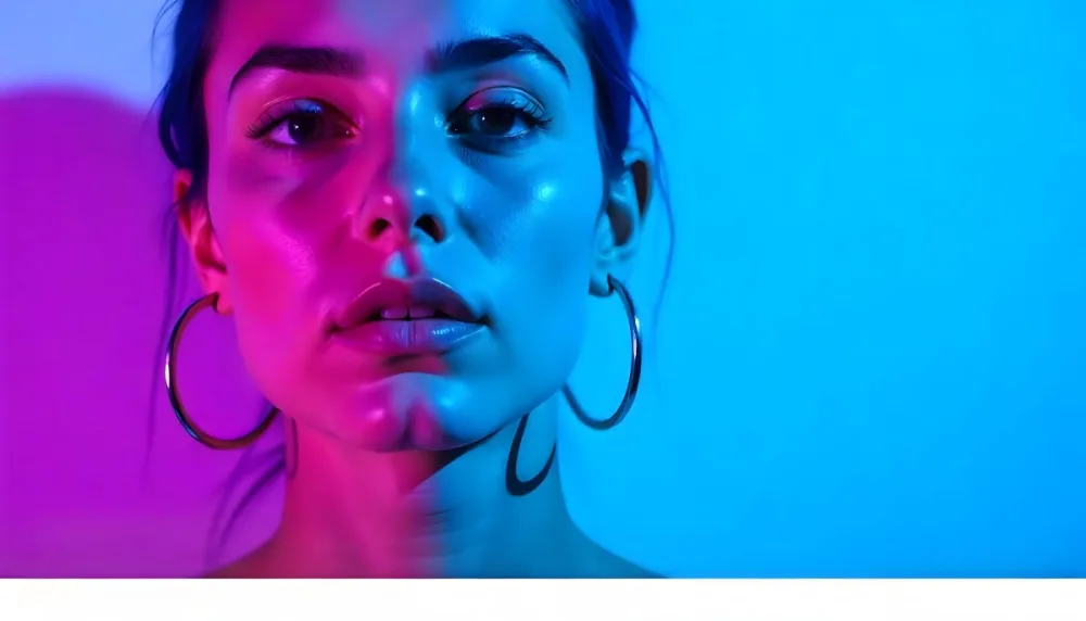 A Tanned Woman 25 Years Old With Blue Hair And Hoop Earrings Half Of Her Face Is Illuminated With Pink Light And The Other Half With Blue Light In A Blue Background 7 C2e7