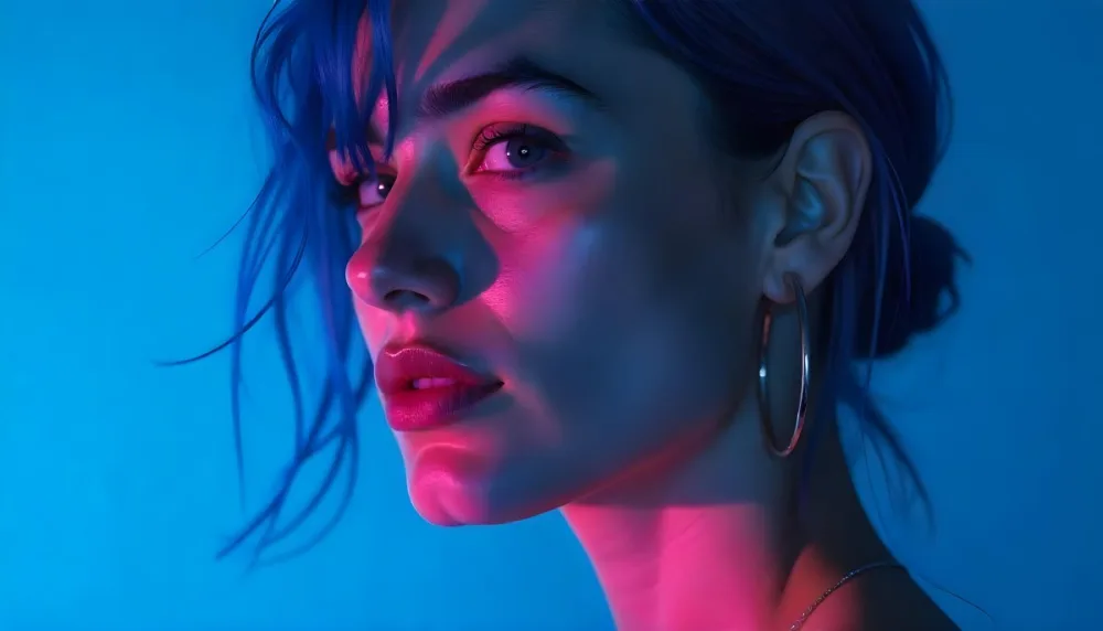 A Tanned Woman 25 Years Old With Blue Hair And Hoop Earrings Half Of Her Face Is Illuminated With Pink Light And The Other Half With Blue Light In A Blue Background 9 774c
