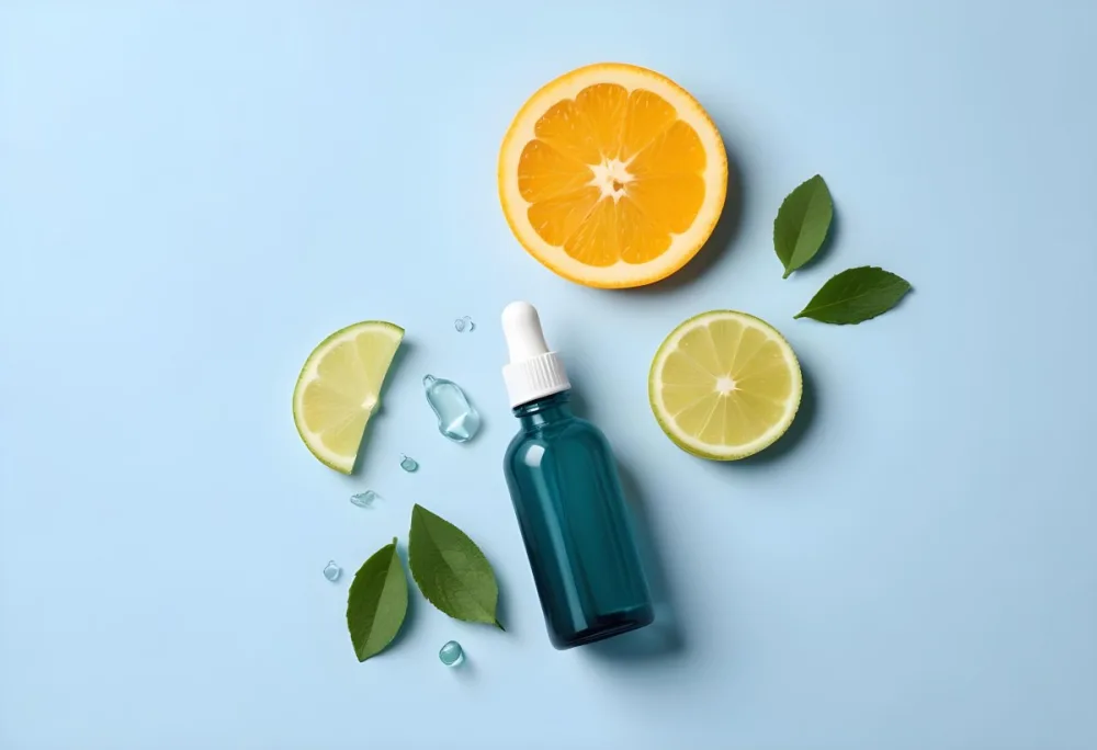 A Teal Glass Dropper Bottle Is Placed On A Light Blue Background Surrounded By Slices Of Orange Lime And Fresh Mint Leaves Along With Aloe Vera Pieces 10 Fa47