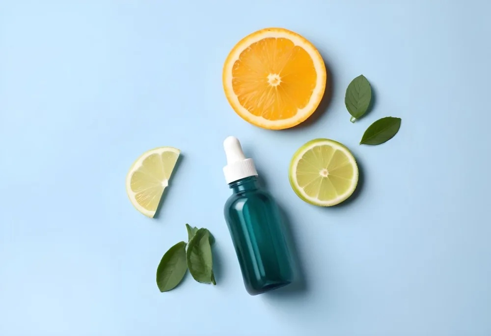 A Teal Glass Dropper Bottle Is Placed On A Light Blue Background Surrounded By Slices Of Orange Lime And Fresh Mint Leaves Along With Aloe Vera Pieces 11 4726
