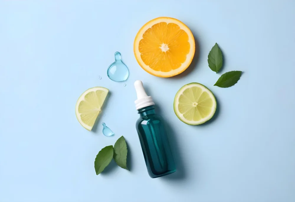 A Teal Glass Dropper Bottle Is Placed On A Light Blue Background Surrounded By Slices Of Orange Lime And Fresh Mint Leaves Along With Aloe Vera Pieces 13 0701