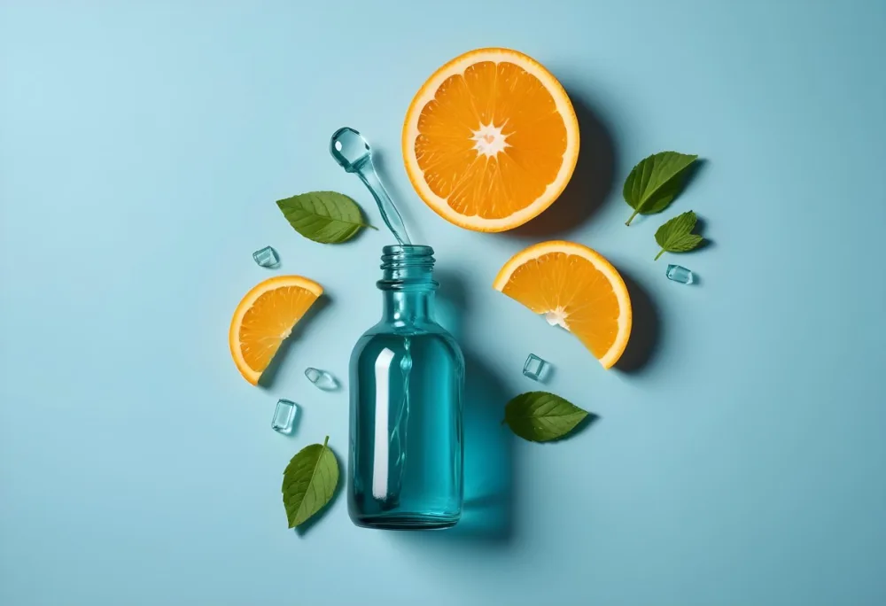 A Teal Glass Dropper Bottle Is Placed On A Light Blue Background Surrounded By Slices Of Orange Lime And Fresh Mint Leaves Along With Aloe Vera Pieces 20 F19f