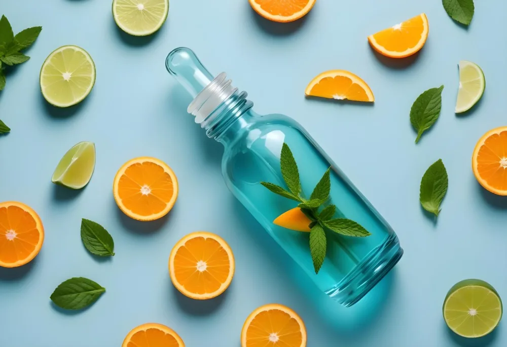 A Teal Glass Dropper Bottle Is Placed On A Light Blue Background Surrounded By Slices Of Orange Lime And Fresh Mint Leaves Along With Aloe Vera Pieces 26 66bc
