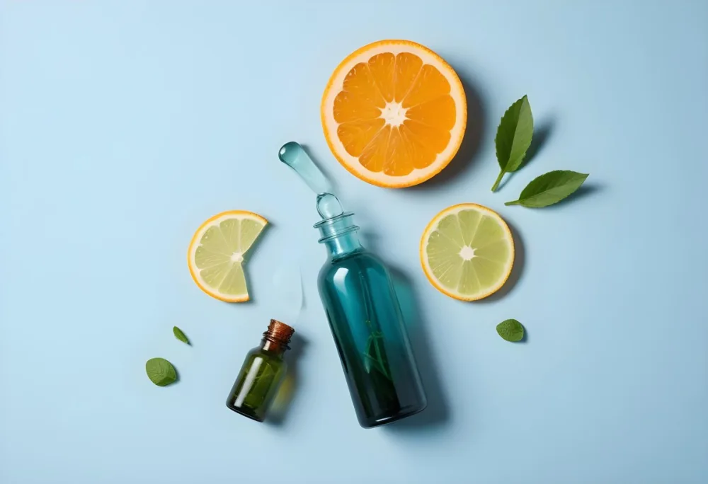 A Teal Glass Dropper Bottle Is Placed On A Light Blue Background Surrounded By Slices Of Orange Lime And Fresh Mint Leaves Along With Aloe Vera Pieces 28 51dd