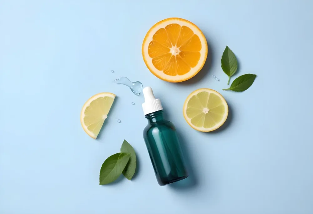 A Teal Glass Dropper Bottle Is Placed On A Light Blue Background Surrounded By Slices Of Orange Lime And Fresh Mint Leaves Along With Aloe Vera Pieces 41 726c