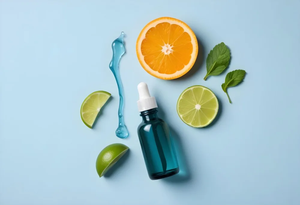 A Teal Glass Dropper Bottle Is Placed On A Light Blue Background Surrounded By Slices Of Orange Lime And Fresh Mint Leaves Along With Aloe Vera Pieces 42 16dc
