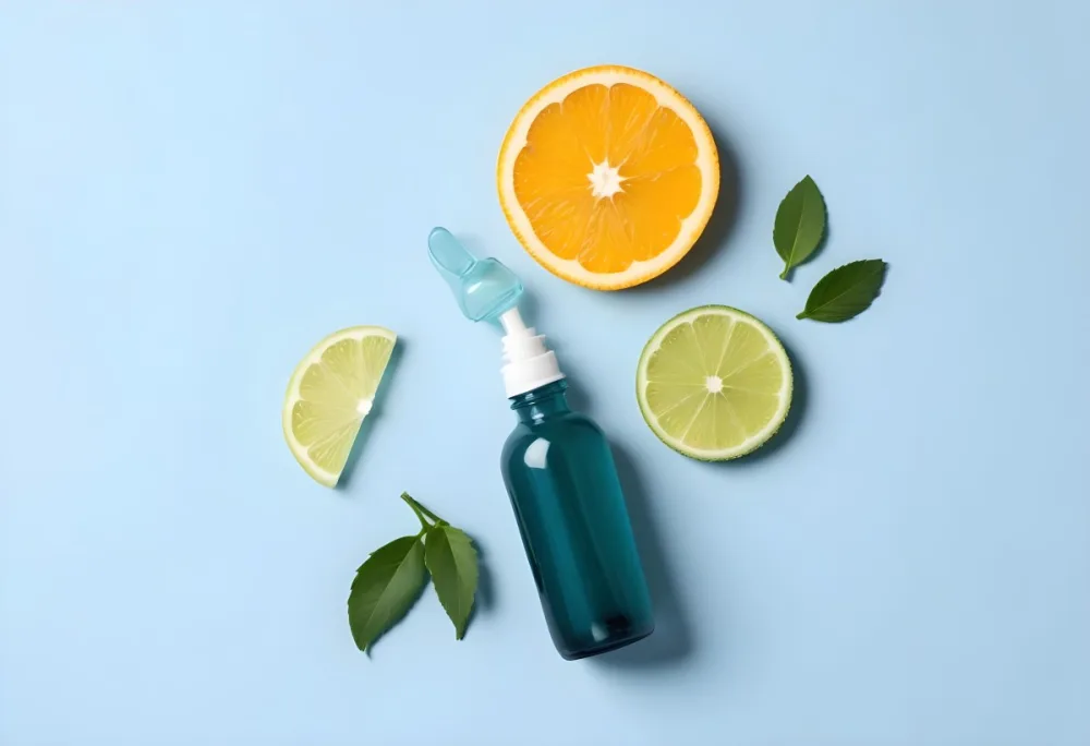 A Teal Glass Dropper Bottle Is Placed On A Light Blue Background Surrounded By Slices Of Orange Lime And Fresh Mint Leaves Along With Aloe Vera Pieces 7 1fef
