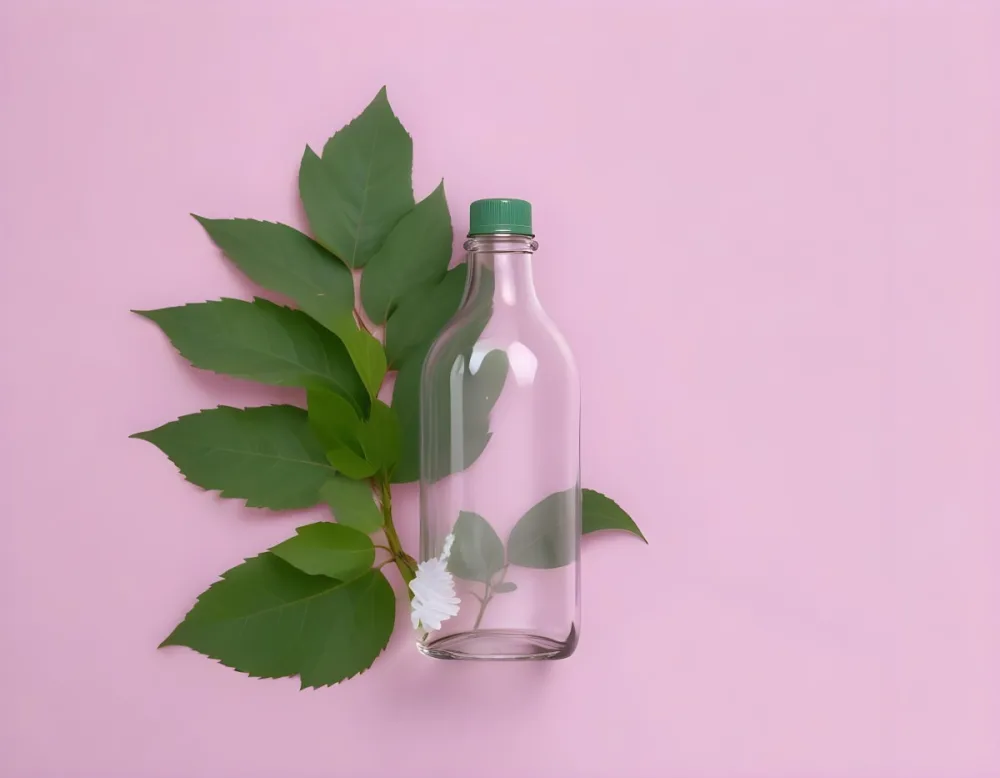 A Transparent Glass Bottle With A Green Cap Next To A Green Branch With Leaves On A Green Background 14 F479