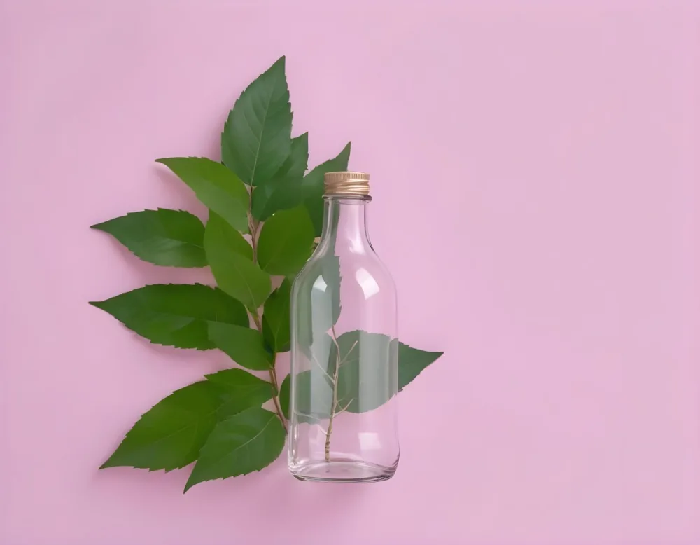 A Transparent Glass Bottle With A Green Cap Next To A Green Branch With Leaves On A Green Background 2 6923