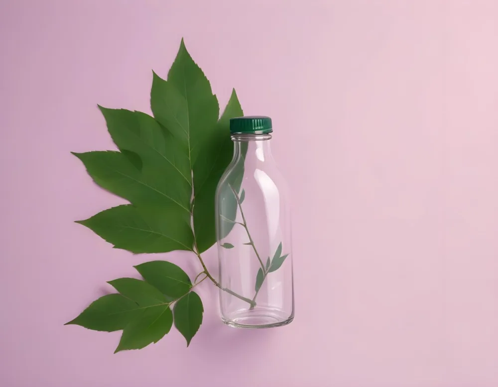 A Transparent Glass Bottle With A Green Cap Next To A Green Branch With Leaves On A Green Background 26 6bac