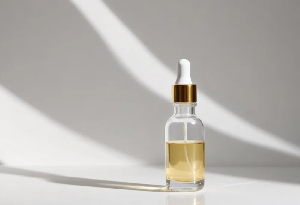 A Transparent Glass Bottle With A White And Gold Dropper Filled With A Clear Liquid Casting A Shadow On A White Surface 12 4451