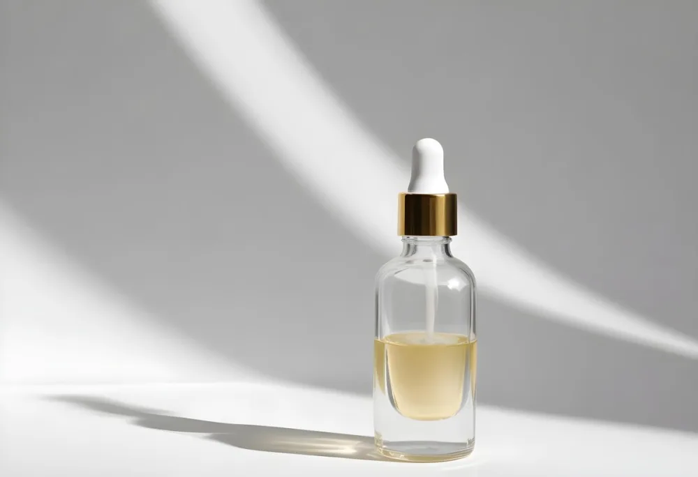 A Transparent Glass Bottle With A White And Gold Dropper Filled With A Clear Liquid Casting A Shadow On A White Surface 18 0ef3