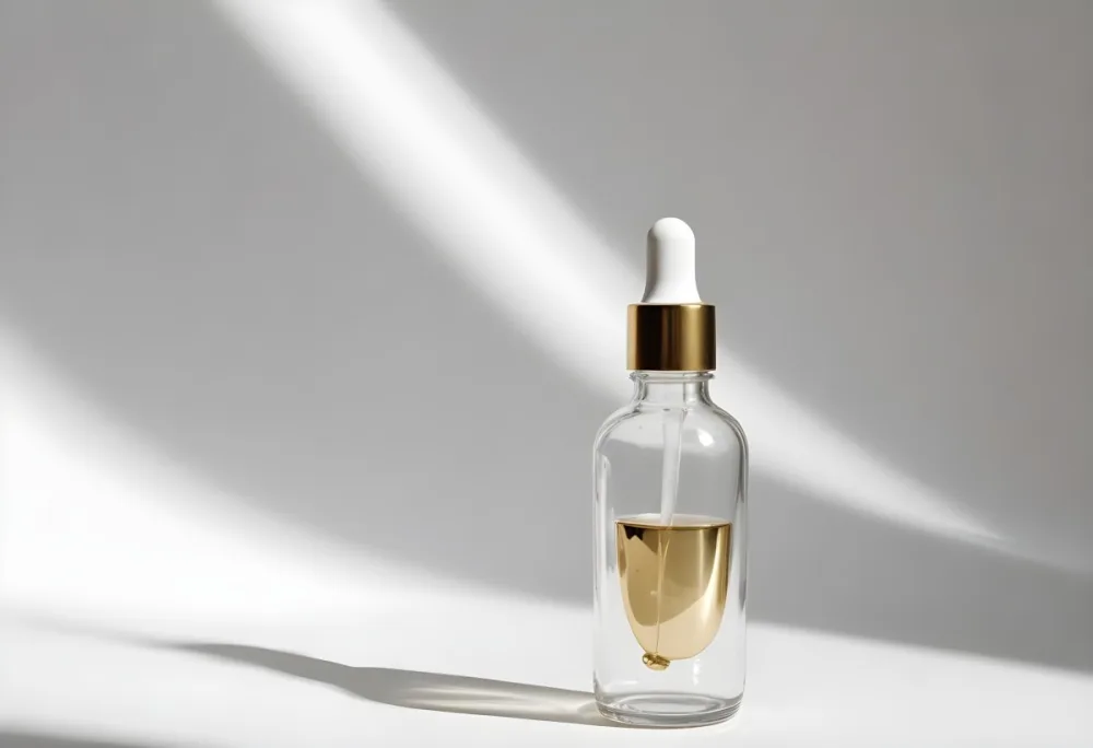 A Transparent Glass Bottle With A White And Gold Dropper Filled With A Clear Liquid Casting A Shadow On A White Surface 26 Adda