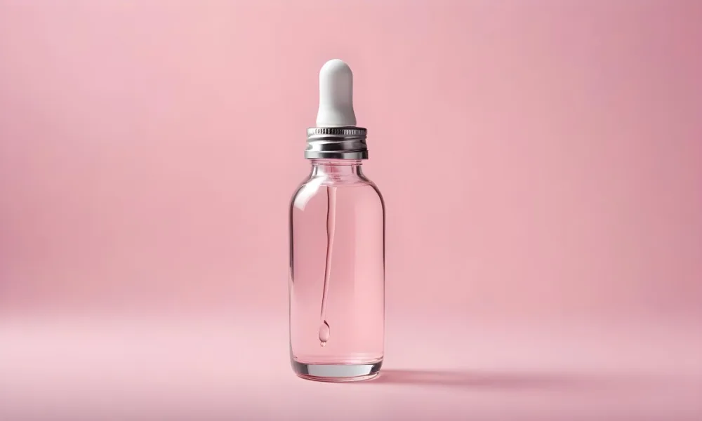 A Transparent Glass Bottle With A White And Silver Dropper Filled With Clear Liquid Laying On A Plain Light Pink Background 8 4ad1