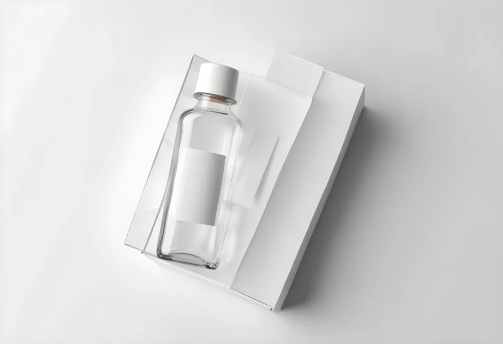 A Transparent Glass Bottle With A White Cap And A Transparent Label Next To A Transparent Rectangular Box On A White Background 12 38f8