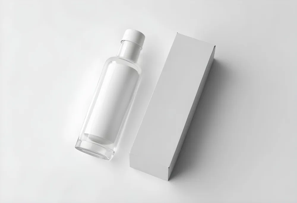 A Transparent Glass Bottle With A White Cap And A Transparent Label Next To A Transparent Rectangular Box On A White Background 23 9ede