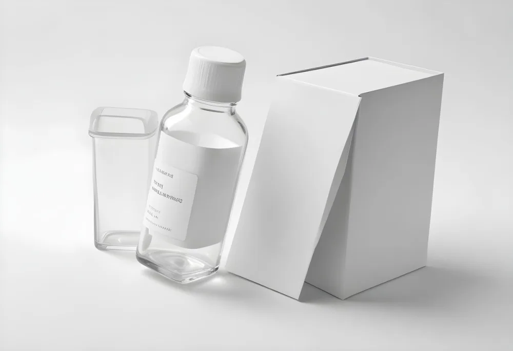A Transparent Glass Bottle With A White Cap And A Transparent Label Next To A Transparent Rectangular Box On A White Background 9 923b